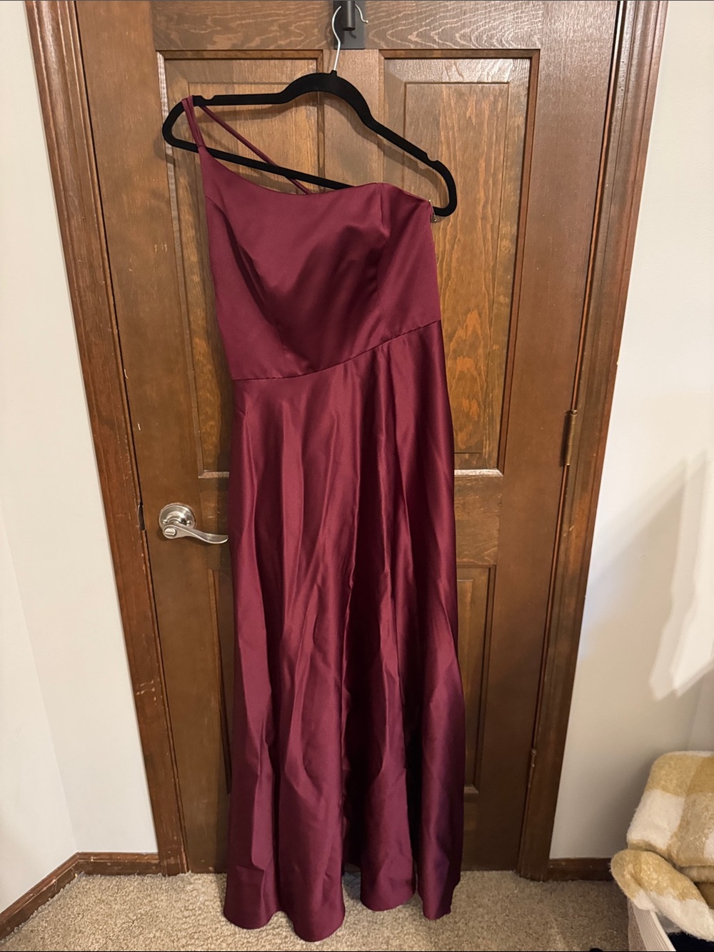 David’s Bridal one shoulder bridesmaid dress (unaltered) wine color